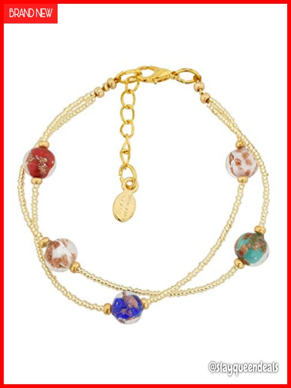 Strand Bracelet Handmade Multicolor Murano Glass with 24K Gold-Lined Beads